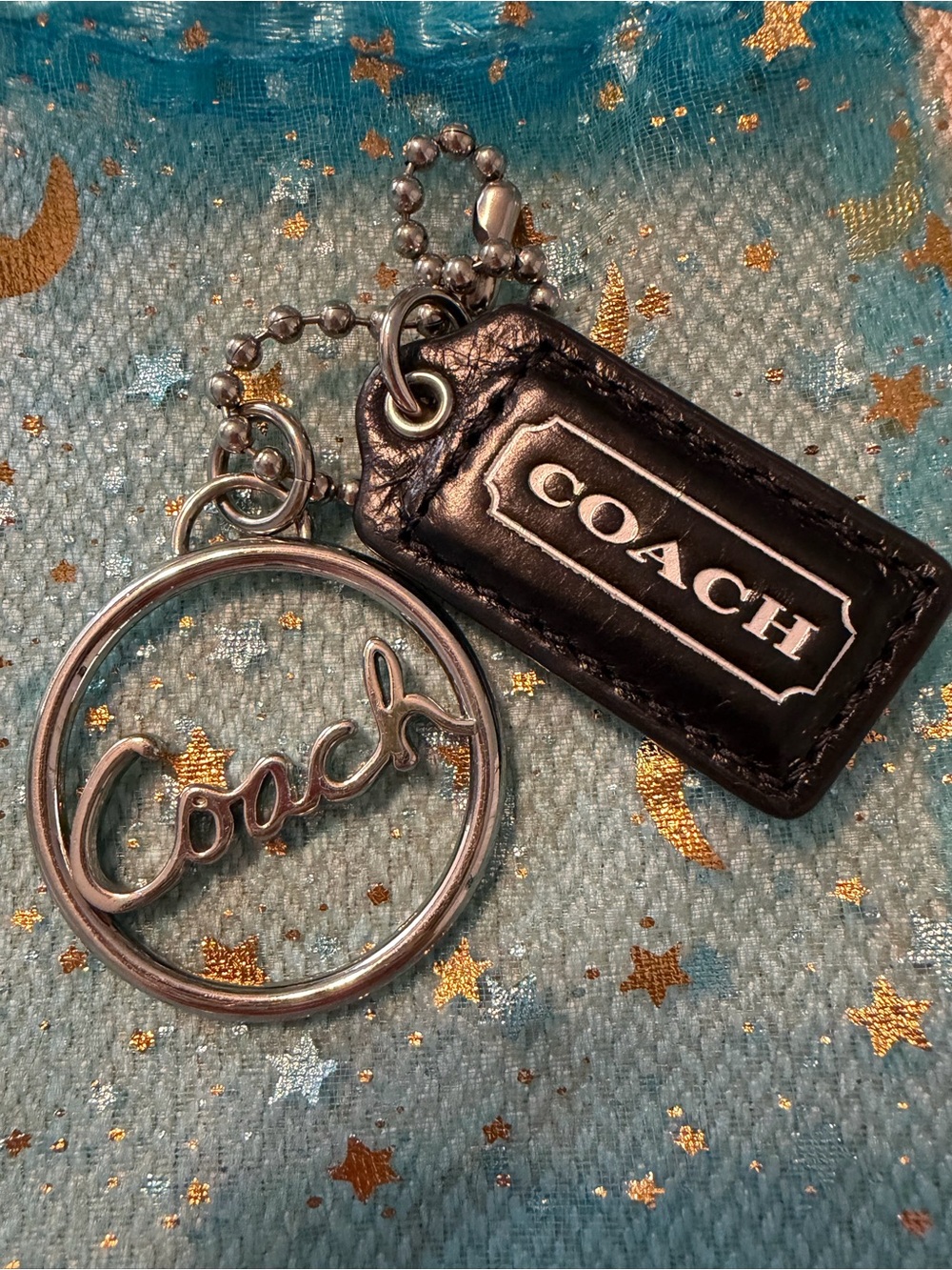 Coach Black Leather Tag & Silver Script Logo Keyring